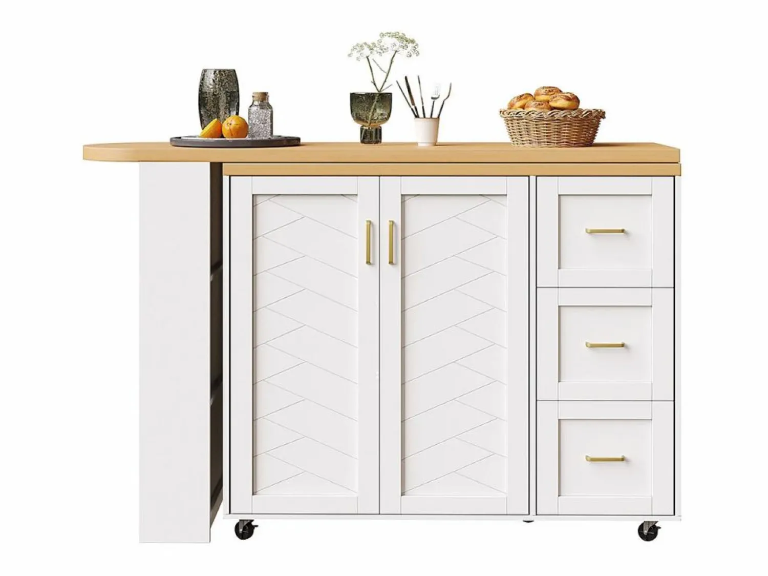 KOMHTOM Carro de bar extensible con 2 puertas y 3 cajones, con ruedas, mostrador exterior de madera,