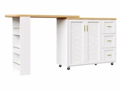 KOMHTOM Carro de bar extensible con 2 puertas y 3 cajones, con ruedas, mostrador exterior de madera,