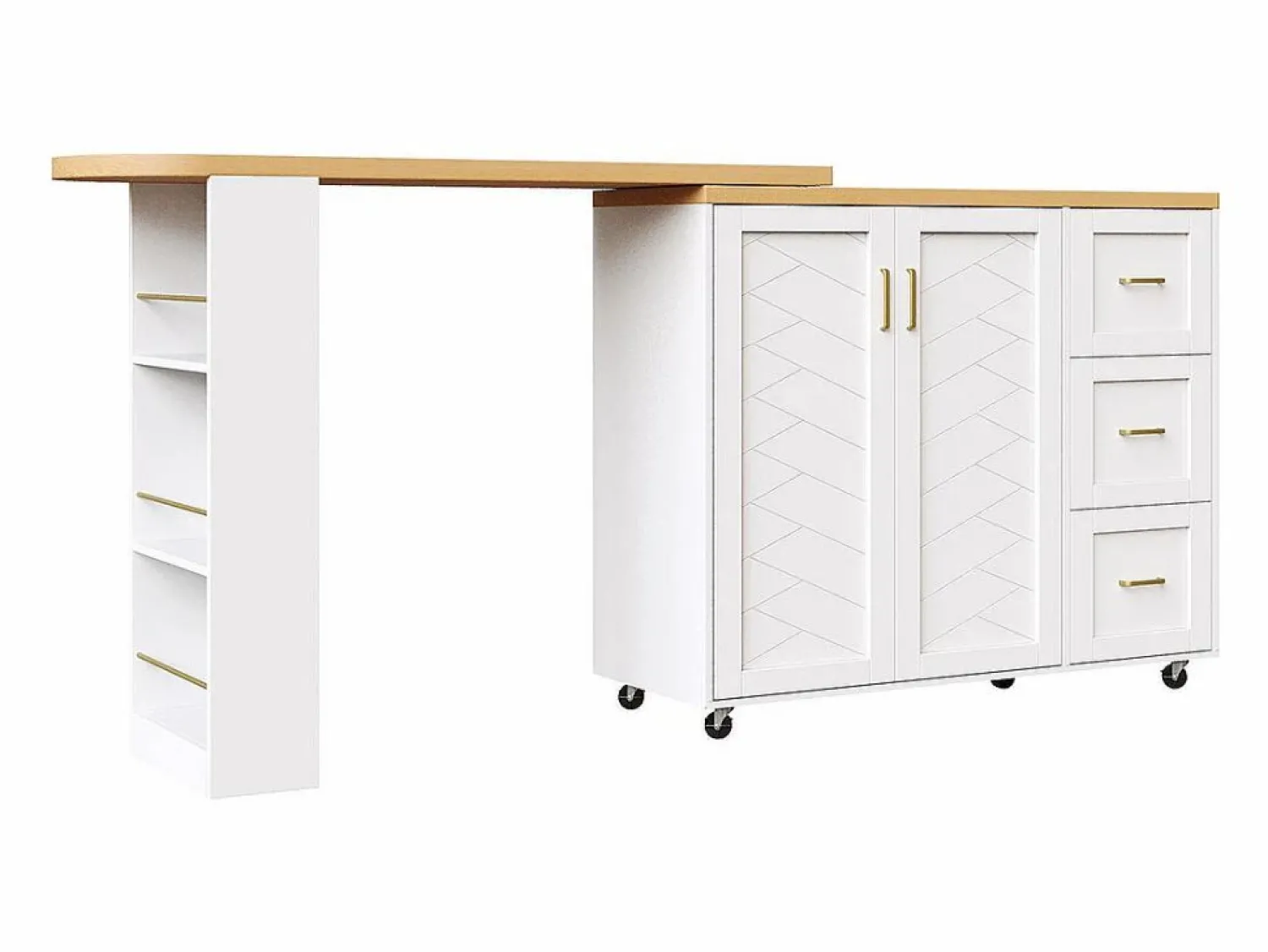 KOMHTOM Carro de bar extensible con 2 puertas y 3 cajones, con ruedas, mostrador exterior de madera,