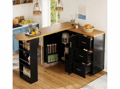 New Carro de bar extensible con 2 puertas y 3 cajones, con ruedas, mostrador exterior de madera, Isla Cocina