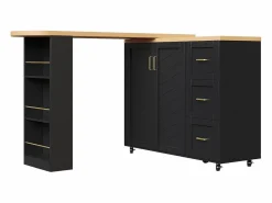 New Carro de bar extensible con 2 puertas y 3 cajones, con ruedas, mostrador exterior de madera, Isla Cocina