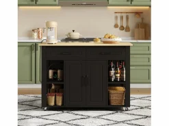 Clearance Carro de cocina 120x44x91,5 con barra de bar y tomas de corriente, dos cajones y dos puertas de armario con separadores en color para cocina y comedor Mueble Bar