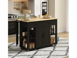 Clearance Carro de cocina 120x44x91,5 con barra de bar y tomas de corriente, dos cajones y dos puertas de armario con separadores en color para cocina y comedor Mueble Bar