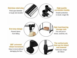 Discount DripeX Carryando con ropa con ruedas, altura de la barra de ropa estirada de 90-160 cm, con soporte de chaussure, carga máxima. 50 kg, 2 barras Negro