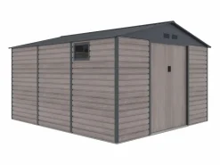 EXPERTLAND Caseta de jardín metal de acero galvanizado efecto madera gris 13,12 m² ADELMO