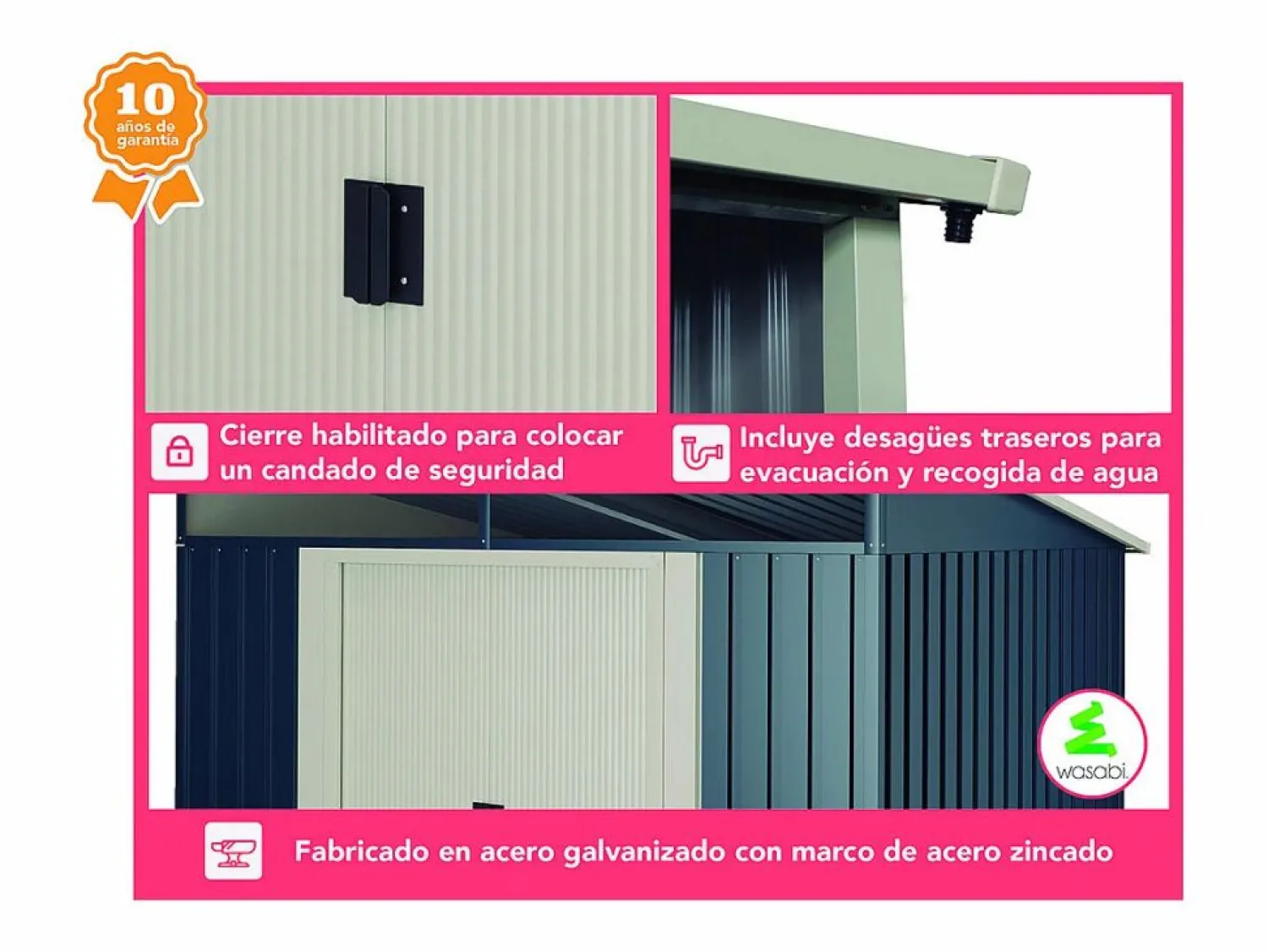Wasabi Caseta metal Stark 4,6m2 - 10 años de garantía - 194x239x203cm. Cobertizo jardin