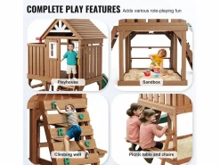 Clearance Casita de Juegos para Niños, SucceBuy - Casa de Juegos de Madera para Exteriores con Tobogán, Escalera y Ventana, Casa de Juegos de Jardín