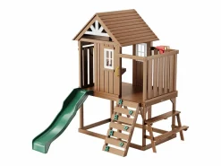 Clearance Casita de Juegos para Niños, SucceBuy - Casa de Juegos de Madera para Exteriores con Tobogán, Escalera y Ventana, Casa de Juegos de Jardín