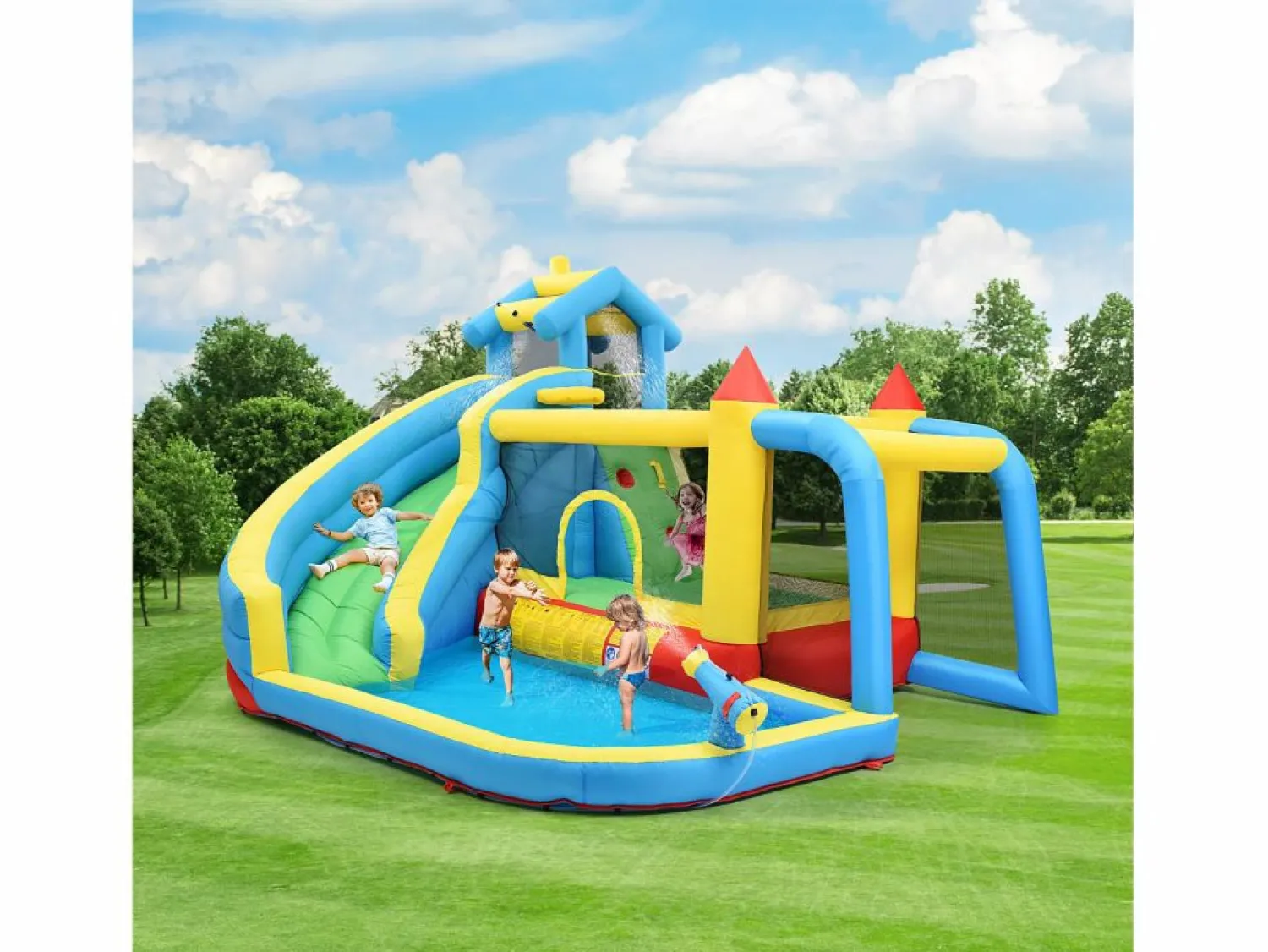 Sale Castillo inflable 5 en 1 para niños - 364 x 315 x 239 cm - Oxford - Con ventilador - Castillo Hinchable