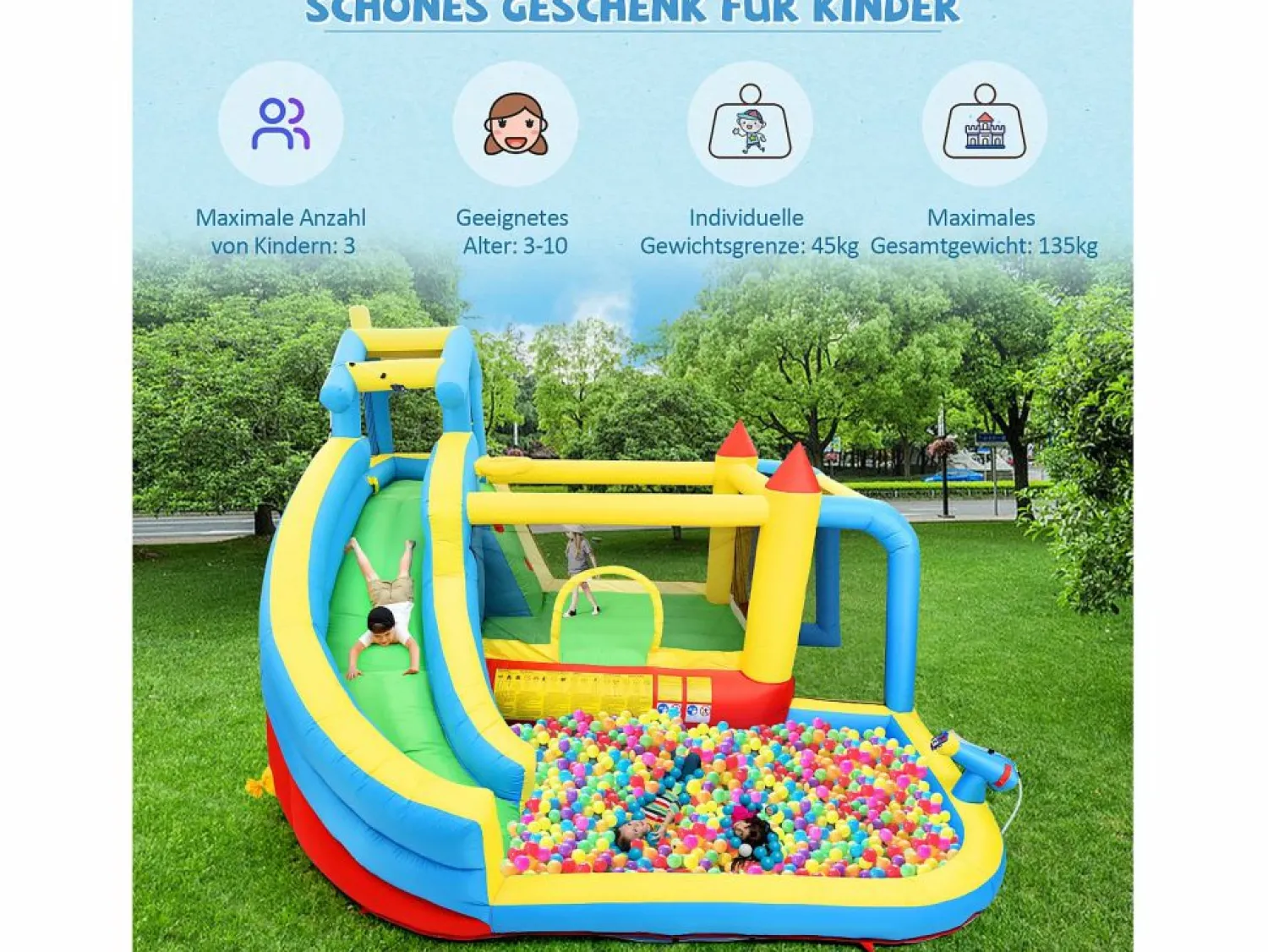 Sale Castillo inflable 5 en 1 para niños - 364 x 315 x 239 cm - Oxford - Con ventilador - Castillo Hinchable