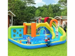 DripeX Castillo inflable con trampolines, ventilador, deslizamiento, cesta de baloncesto, de 3 a 8 años, 410x315x203cm