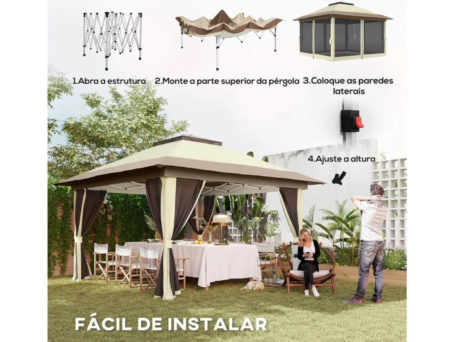 Outsunny Cenador Dhile plegable + cortinas removibles crema 280x356 cm