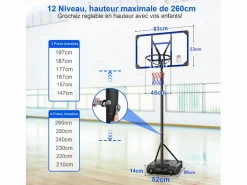 New DripeX Cesta de baloncesto, altura ajustable 147-260 cm, con PC de pared posterior de 83x53 cm y base ampliada, 2 ruedas, para niños/adultos-86x83x260cm Azul