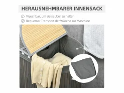 Cesta de bambú para la colada con tapa, 100 l, 2 bolsas extraíbles, (62,5 x 37 x 60,5 cm)