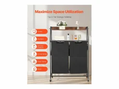 Discount Cesta de Ropa Sucia SucceBuy Clasificador de Ropa de 2 Niveles con Ruedas, Cesto para Ropa Sucia de 2 Compartimentos, Estructura Metálica, Tapa de Madera Negro