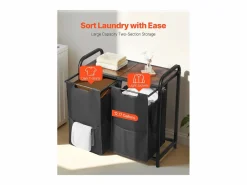 Best Cesta de Ropa Sucia SucceBuy Cesto para la Ropa Sucia de 2 Compartimentos, Organizador con Bolsas Extraíbles de Tela, Estructura Metálica y Tapa de Madera Cesto De Ropa