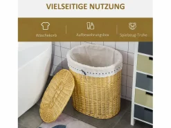 Cesta para la colada con tapa, mimbre natural, 100 l de capacidad, ideal para dormitorio y baño (51 x 38 x 57 cm)