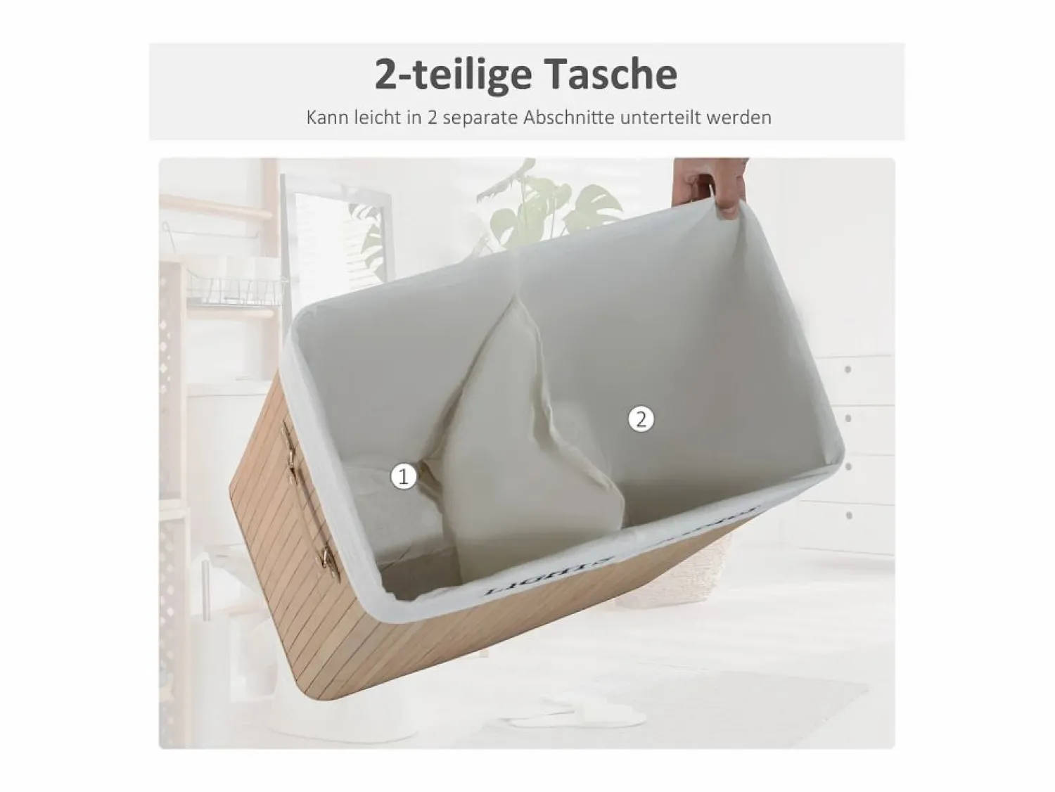 Online Cesta para la colada de 100 l con tapa, bolsa de lona de bambú, color natural (52 x 32 x 63 cm) Color natural oscuro