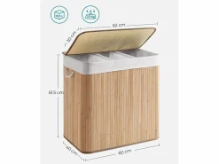 Outlet Cesta para la colada de bambú natural Valora de 3 compartimentos y 150 l con tapa Color natural claro