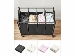 Cesta para la ropa sucia Valora negra de 4 compartimentos con ruedas, 140 l