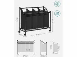 Cesta para la ropa sucia Valora negra de 4 compartimentos con ruedas, 140 l