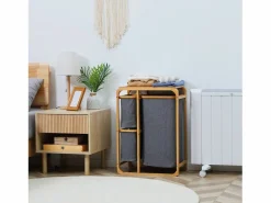 Hot Cesta para ropa con plataforma, 3 bolsas extraíbles, bambú y poliéster, gris+natural (50x32x69,7 cm) Color natural oscuro