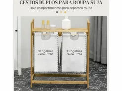 Clearance Cesto de ropa sucia Nalón 2 compartimentos + estante superior bambú /natural 73x33x64 cm Cesto De Ropa