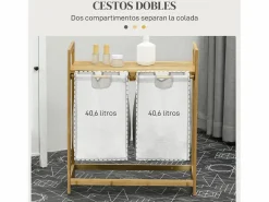 Clearance Cesto de ropa sucia Nalón 2 compartimentos + estante superior bambú /natural 73x33x64 cm Cesto De Ropa