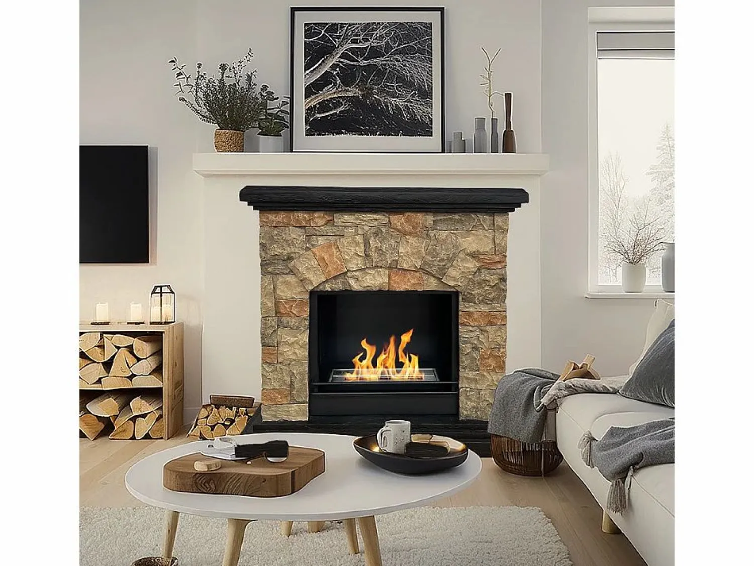 Sale Chimenea de bioetanol Belluno, biochimenea de pie, efecto piedra artificial, L105xP38xH100 Chimenea|Chimenea