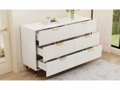 Sale Cómoda 6 Cajones - con Tiradores y Pies Dorados - Superficie Ondulada - 120x40x77cm Blanco