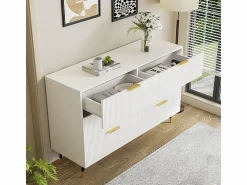 Sale Cómoda 6 Cajones - con Tiradores y Pies Dorados - Superficie Ondulada - 120x40x77cm Blanco