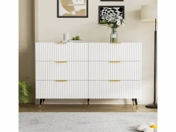 Sale Cómoda 6 Cajones - con Tiradores y Pies Dorados - Superficie Ondulada - 120x40x77cm Blanco