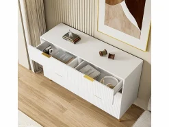 Sale Cómoda 6 Cajones - con Tiradores y Pies Dorados - Superficie Ondulada - 120x40x77cm Blanco