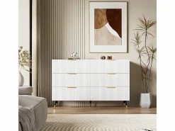 Sale Cómoda 6 Cajones - con Tiradores y Pies Dorados - Superficie Ondulada - 120x40x77cm Blanco