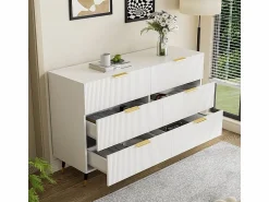 Sale Cómoda 6 Cajones - con Tiradores y Pies Dorados - Superficie Ondulada - 120x40x77cm Blanco