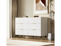Sale Cómoda 6 Cajones - con Tiradores y Pies Dorados - Superficie Ondulada - 120x40x77cm Blanco