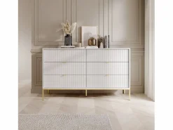 Cómoda: 6 cajones, , patas doradas, 154 x 39 x 83 cm, tiradores dorados