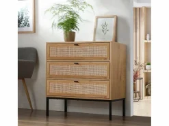 Calicosy Cómoda 3 cajones efecto madera con rejilla de ratán L80 x P39 cm - JAYA
