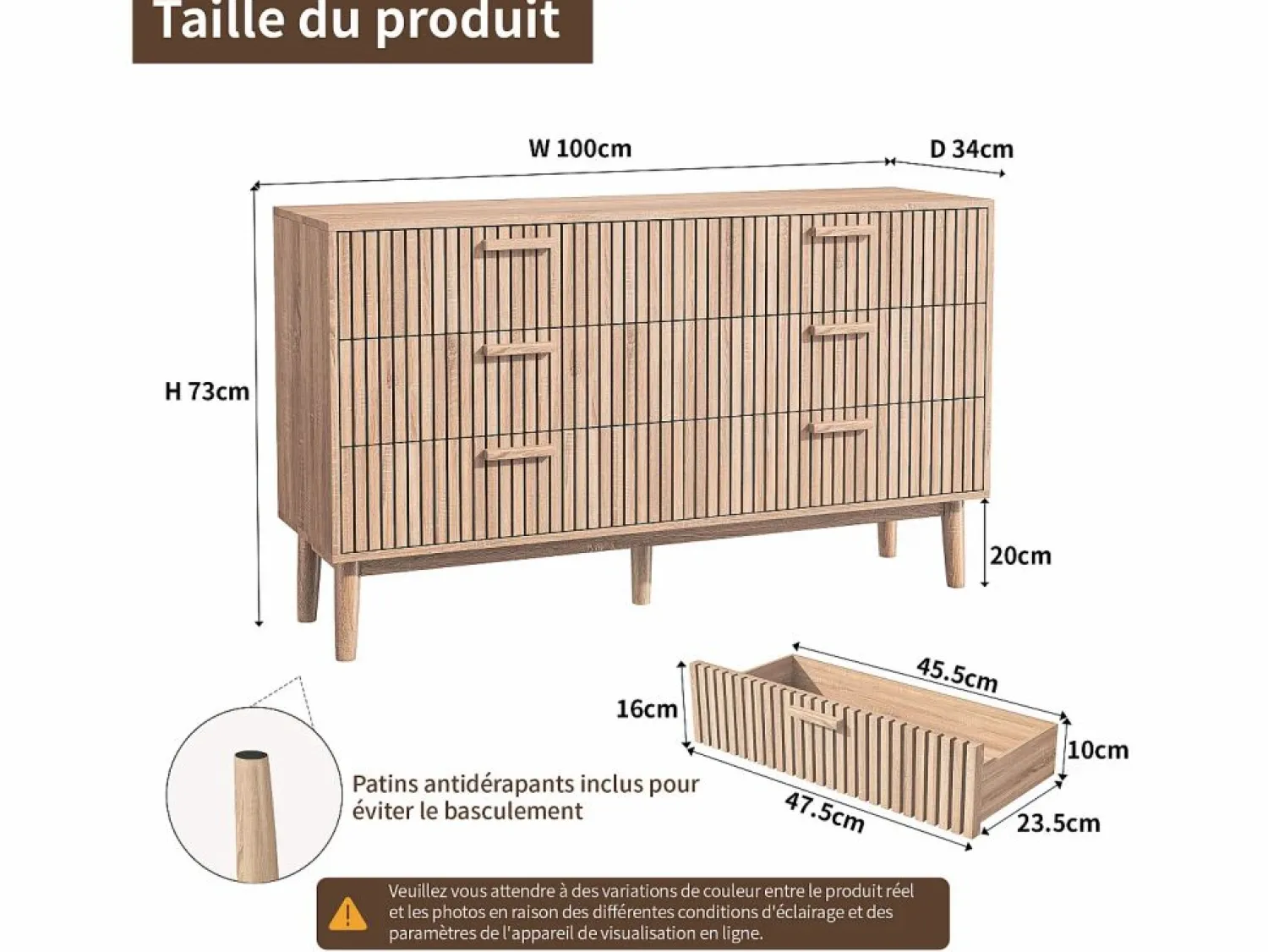 Clearance Cómoda acanalada con 6 cajones, Cómoda moderna con almacenaje para recibidor, 100 x 34 x 73 cm, madera Cómoda