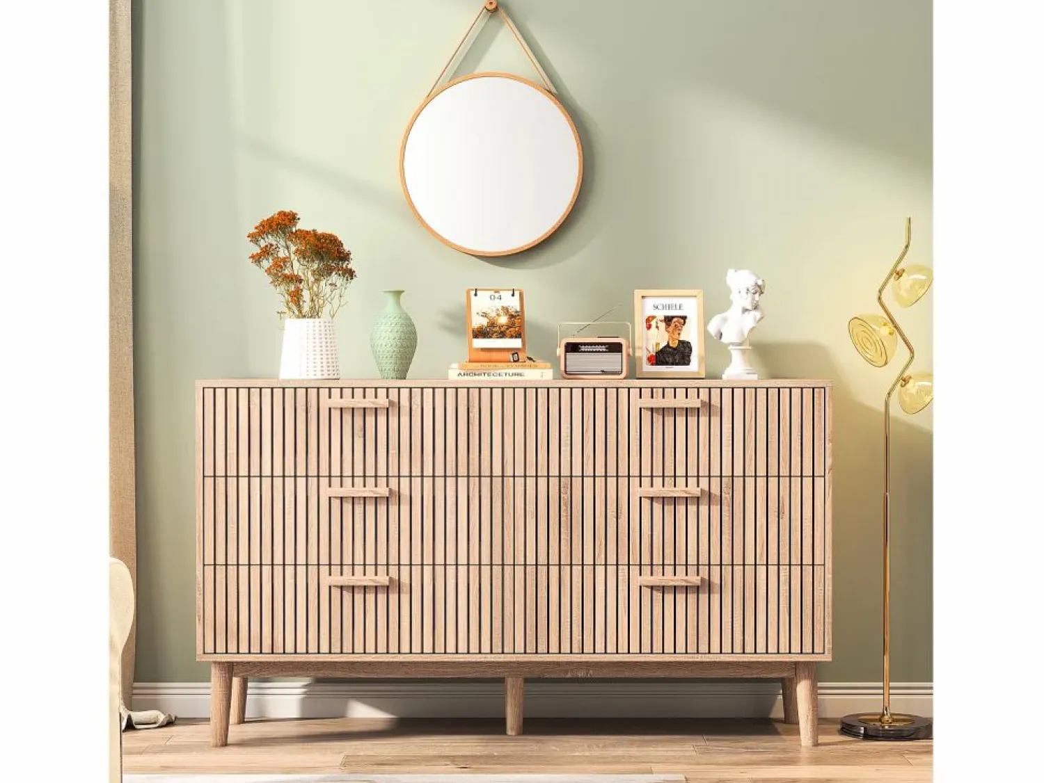 Clearance Cómoda acanalada con 6 cajones, Cómoda moderna con almacenaje para recibidor, 100 x 34 x 73 cm, madera Cómoda
