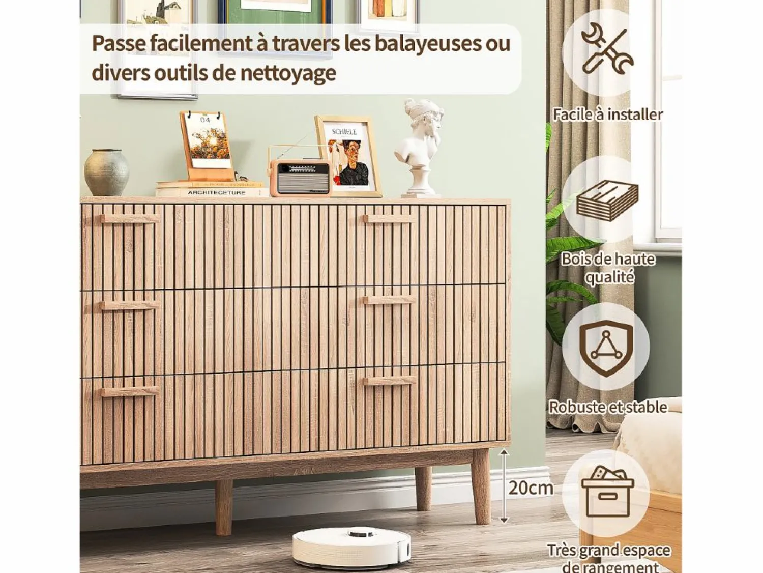Clearance Cómoda acanalada con 6 cajones, Cómoda moderna con almacenaje para recibidor, 100 x 34 x 73 cm, madera Cómoda