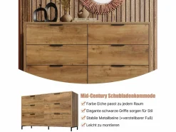 Online Merax Cómoda, aparador con 6 cajones, 120 x 40 x 76 cm, Tablero de partículas + metal, Roble oscuro Color natural claro