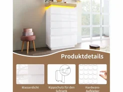 Outlet Merax Cómoda con 6 cajones - 73 x 39 x 115 cm - LED - Tablero de partículas - para salón y dormitorio - Blanco