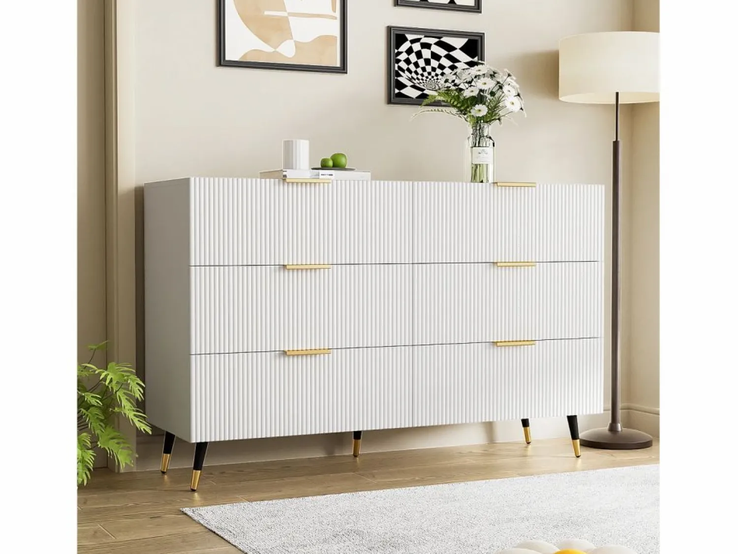 New Cómoda con 6 cajones - mueble de almacenaje de madera - tiradores y patas de metal - (120x40x77cm) Cómoda