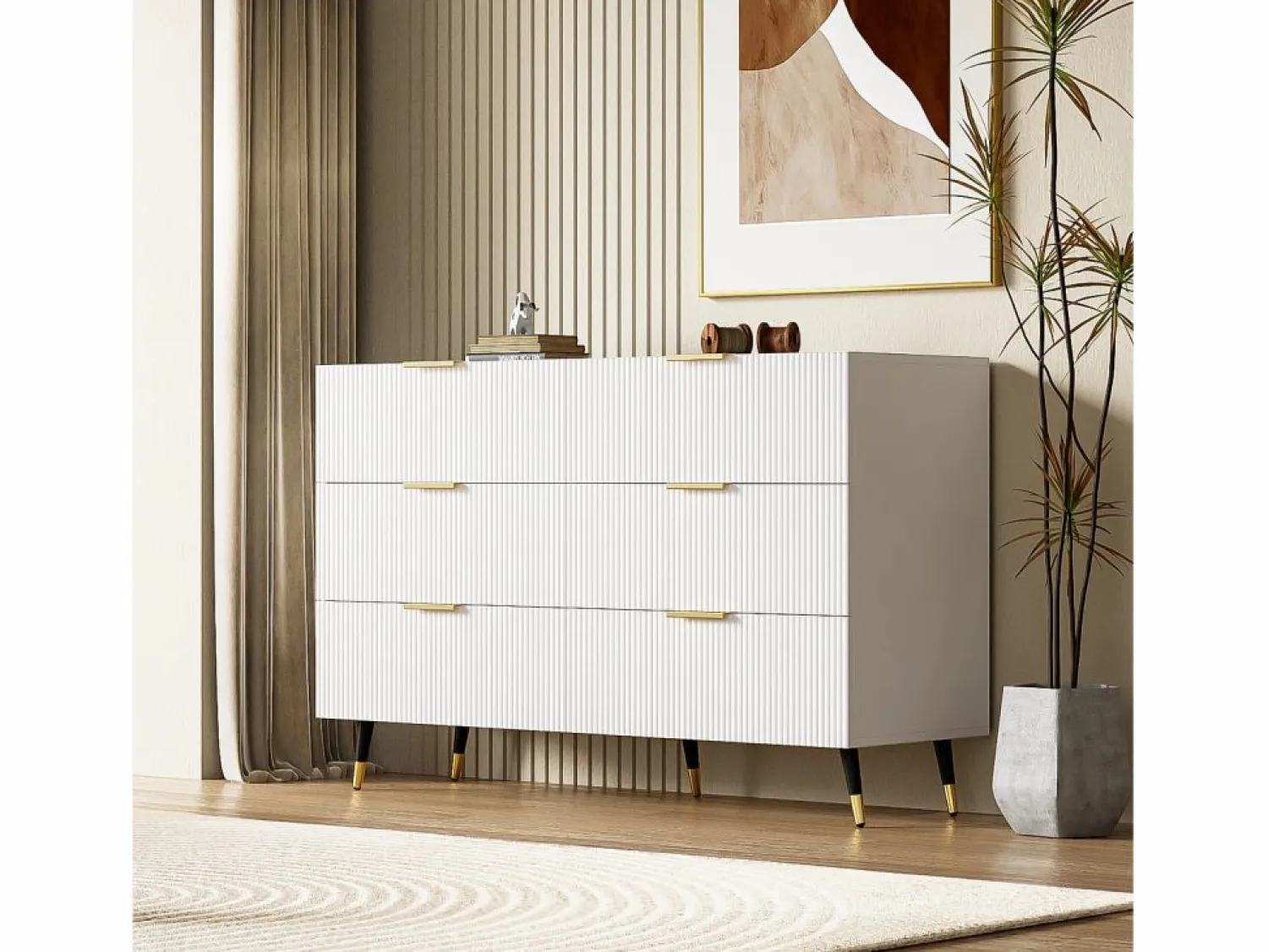 New Cómoda con 6 cajones - mueble de almacenaje de madera - tiradores y patas de metal - (120x40x77cm) Cómoda