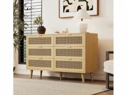 Online Cómoda con 6 cajones de ratán - 120 x 40 x 76,5 cm - Tablero de partículas + tiradores de metal - Roble Cómoda