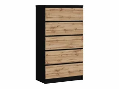 Outlet Cómoda con 5 cajones, mate/roble Wotan, 70 x 39 x 125 cm Negro