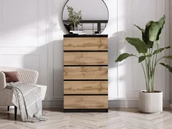 Outlet Cómoda con 5 cajones, mate/roble Wotan, 70 x 39 x 125 cm Negro