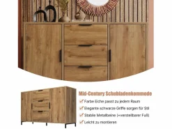 Merax Cómoda con 2 puertas y 3 cajones, 120 x 40 x 76 cm, Tablero de partículas + metal, Roble oscuro