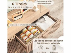 Cómoda de 6 cajones 115 cm Color madera natural, 100 x 34 x 73cm